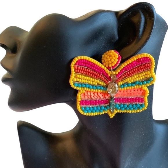 NATASHA Couture Rainbow Bead and Jewel Butterfly Drop Pierced Earrings Stud Back - Picture 3 of 7